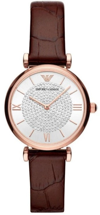  Shop Authentic Emporio Armani Gianni T-Bar Silver Dial Brown Leather Strap Watch For Women - AR11269 - Luxxuri