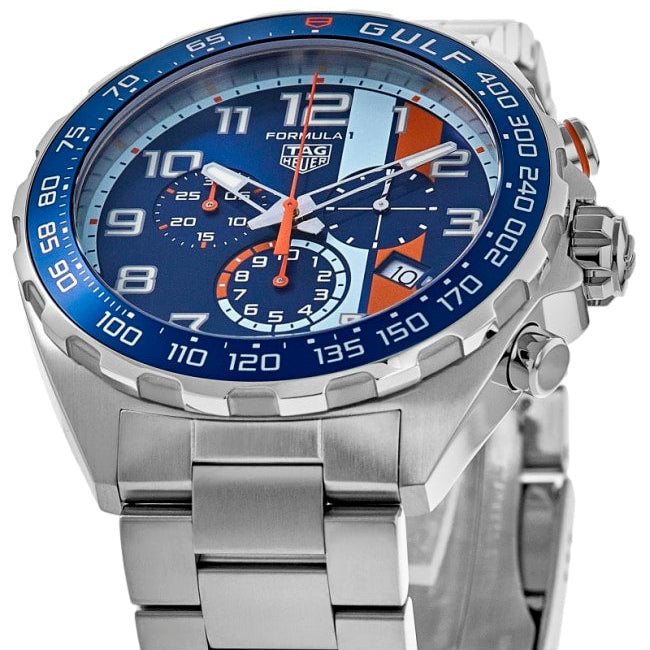  Shop Authentic Tag Heuer Formula 1 Gulf Edition Chronograph Blue Dial Silver Steel Strap Watch for Men - CAZ101AT.BA0842 - Luxxuri
