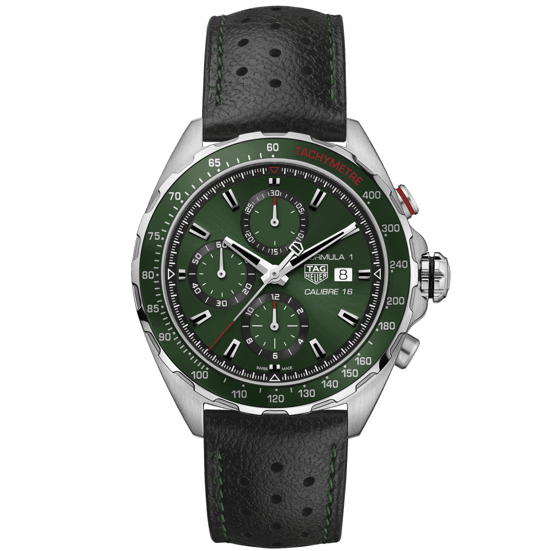  Shop Authentic Tag Heuer Formula 1 Calibre 16 Automatic Chronograph Green Dial Black Leather Strap Watch for Men - CAZ2016.FC6473 - Luxxuri