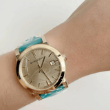  Shop Authentic Burberry Heritage Gold Dial Blue Leather Strap Watch for Women - BU9112 - Luxxuri