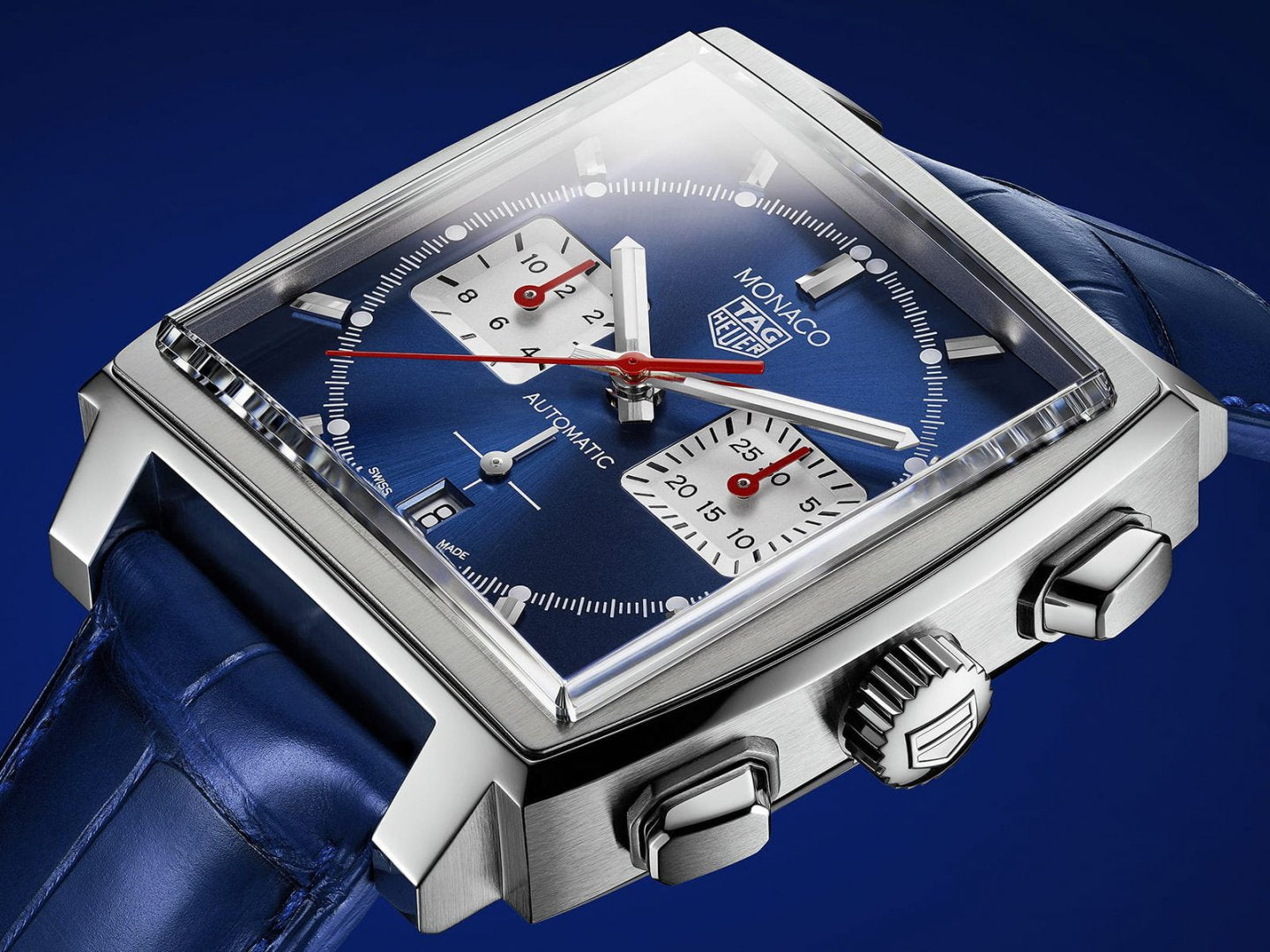  Shop Authentic Tag Heuer Monaco Automatic Chronograph Blue Dial Blue Leather Strap Watch for Men - CBL2111.FC6453 - Luxxuri