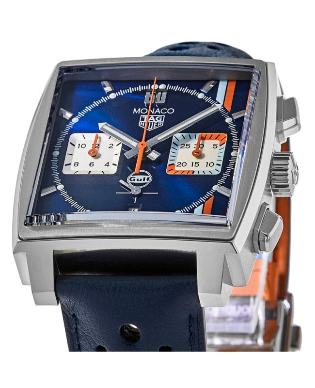  Shop Authentic Tag Heuer Monaco Gulf Automatic Chronograph Blue Dial Blue Leather Strap Watch for Men - CBL2115.FC6494 - Luxxuri