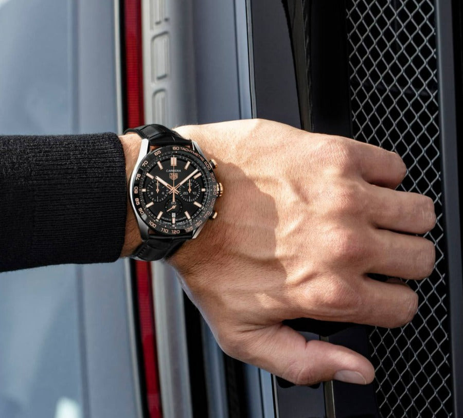  Shop Authentic Tag Heuer Carrera Chronograph Black Dial Black Leather Strap Watch for Men - CBN2A5A.FC6481 - Luxxuri