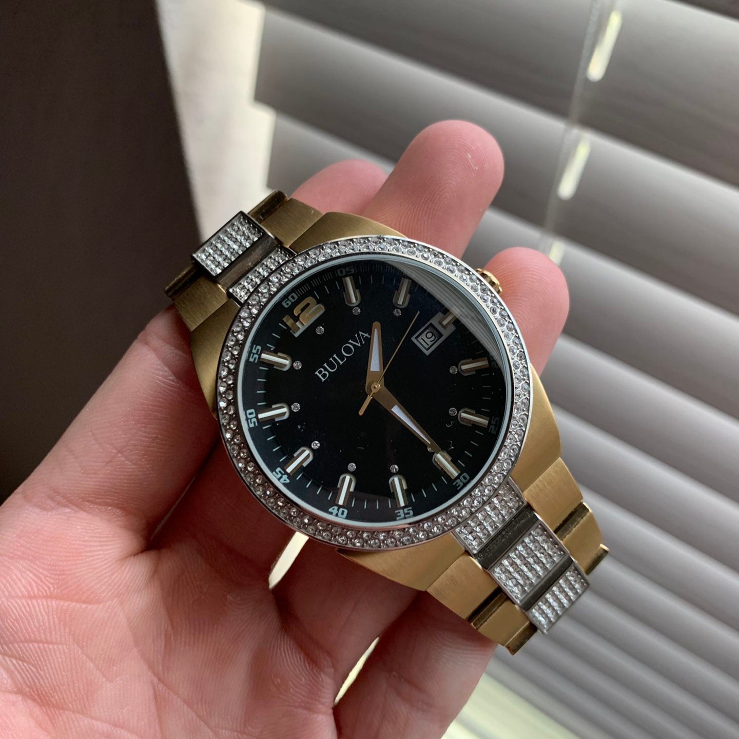  Shop Authentic Bulova Crystal Black Dial Two Tone Steel Strap Watch for Men - 98B235 - Luxxuri