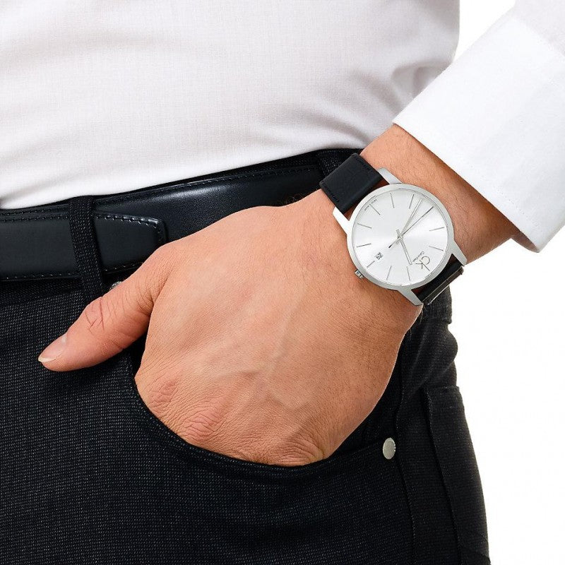  Shop Authentic Calvin Klein City Date Silver Dial Black Leather Strap Watch for Men - K2G2G1C6 - Luxxuri