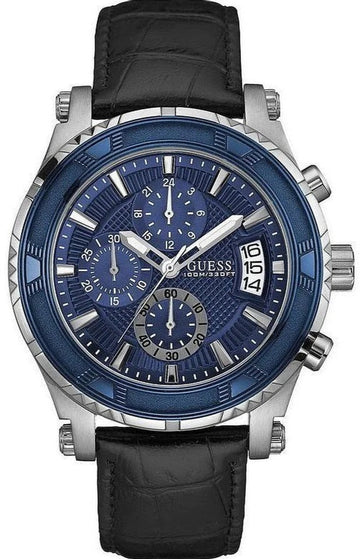  Shop Authentic Guess Pinnacle Chronograph Quartz Blue Dial Black Leather Strap Watch For Men - W0673G4 - Luxxuri