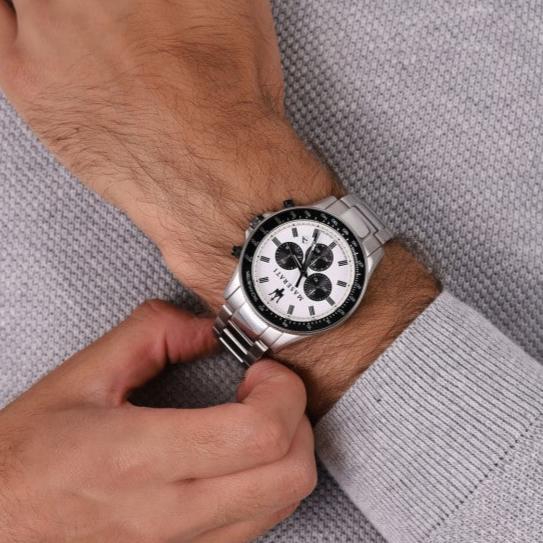 Maserati SFIDA Chronograph White Dial Silver Steel Strap Watch For Men - R8873640003