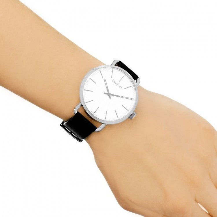  Shop Authentic Calvin Klein Even Silver Dial Black Leather Strap Watch for Men - K7B211CY - Luxxuri