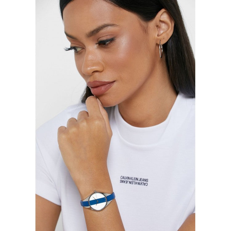  Shop Authentic Calvin Klein Rebel Blue Silver Dial Blue Leather Strap Watch for Women - K8P231V6 - Luxxuri