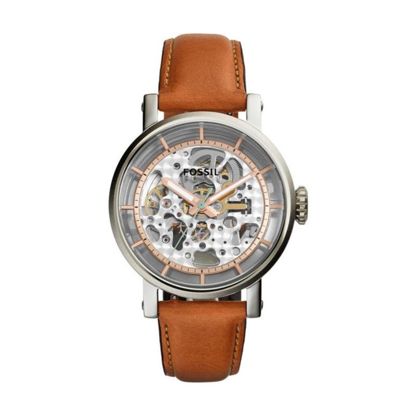  Shop Authentic Fossil Boyfriend Automatic Skeleton Silver Dial Brown Leather Strap Watch for Women - ME3109 - Luxxuri