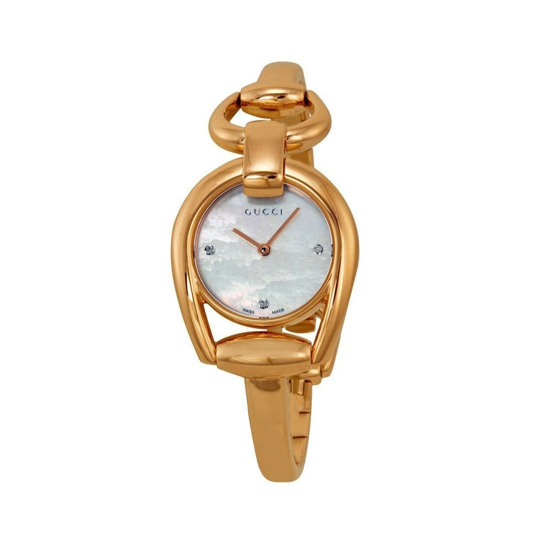  Shop Authentic Gucci Horsebit Collection Diamonds Mother of Pearl Dial Rose Gold Steel Strap Watch For Women - YA139508 - Luxxuri