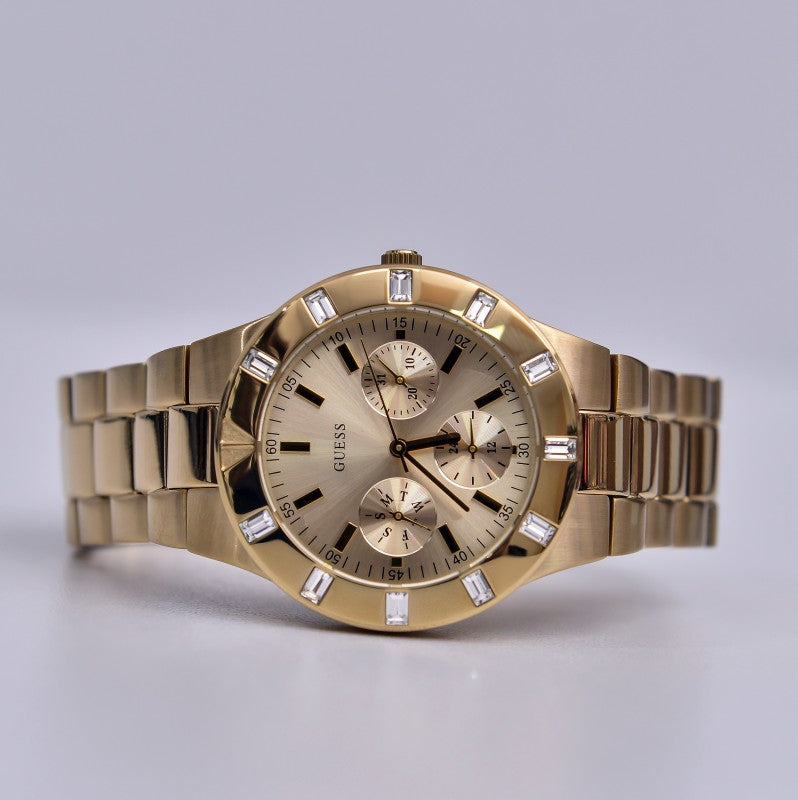  Shop Authentic Guess Glisten Analog Gold Dial Gold Steel Strap Watch For Women - W13576l1 - Luxxuri
