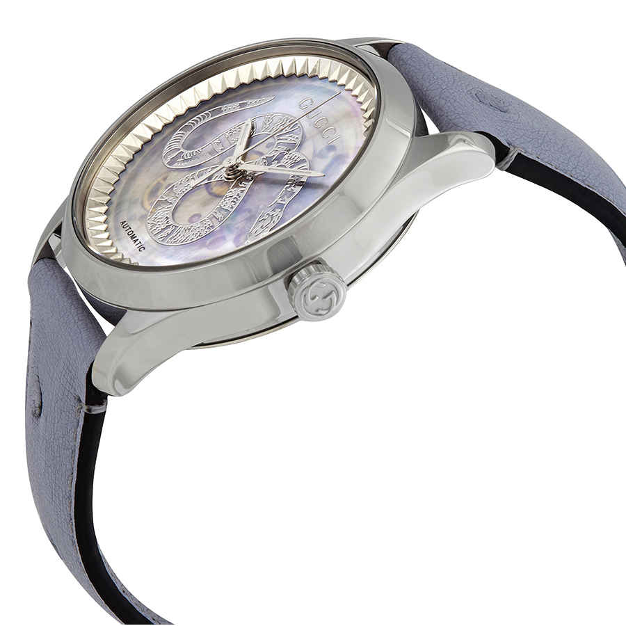  Shop Authentic Gucci G Timeless Automatic Mother of Pearl Dial Blue Leather Strap Watch For Women - YA1264113 - Luxxuri