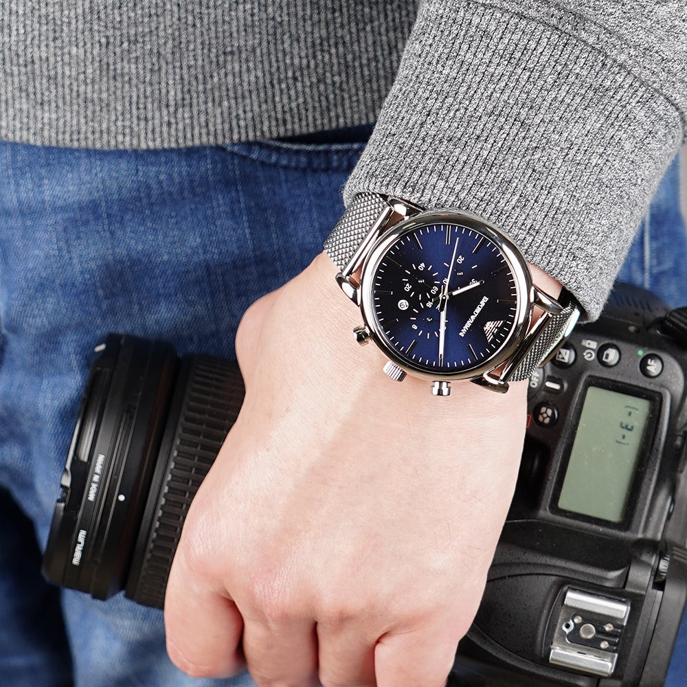  Shop Authentic Emporio Armani Luigi Chronograph Blue Dial Silver Mesh Bracelet Watch For Men - AR80038 - Luxxuri