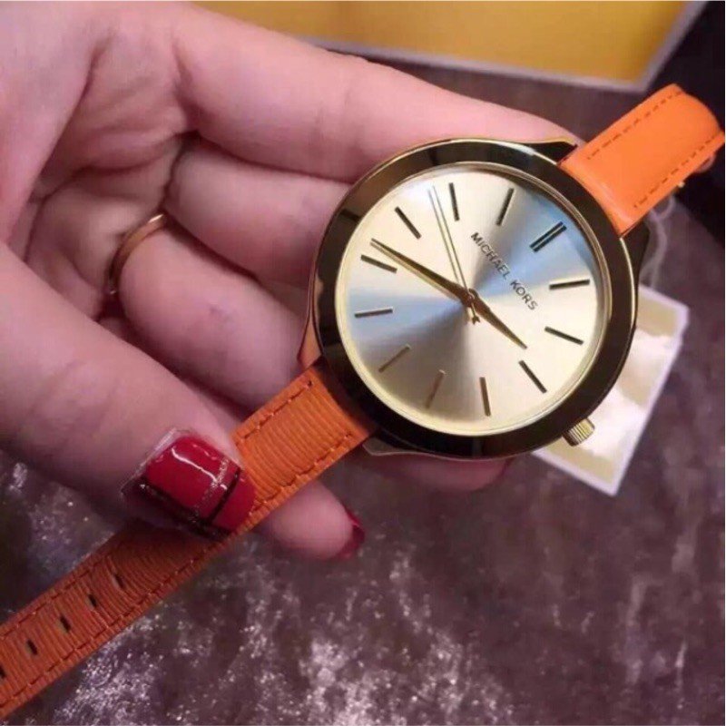  Shop Authentic Michael Kors Runway Quartz Gold Dial Orange Leather Strap Watch For Women - MK2275 - Luxxuri