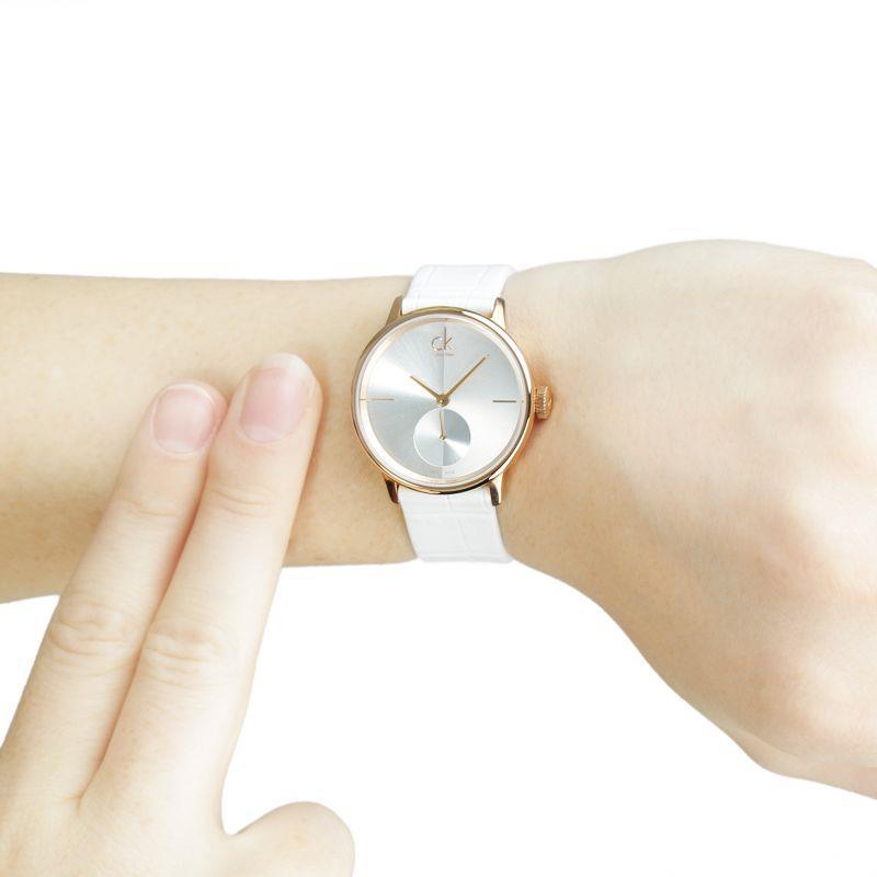  Shop Authentic Calvin Klein Accent Silver Dial White Leather Strap Watch for Women - K2Y236K6 - Luxxuri