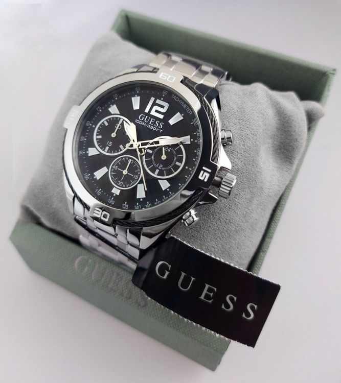  Shop Authentic Guess Surge Chronograph Black Dial Silver Steel Strap Watch for Men - W1258G1 - Luxxuri