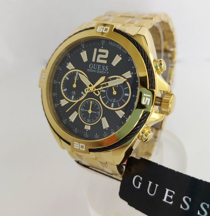 Guess Surge Chronograph Black Dial Gold Steel Strap Watch for Men - W1258G2