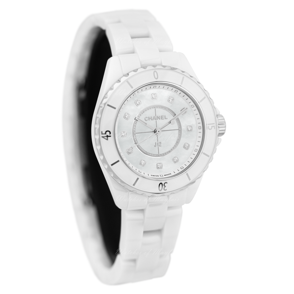  Shop Authentic Chanel J12 Diamonds Mother of Pearl White Dial White Steel Strap Watch for Women - J12 H5704 - Luxxuri