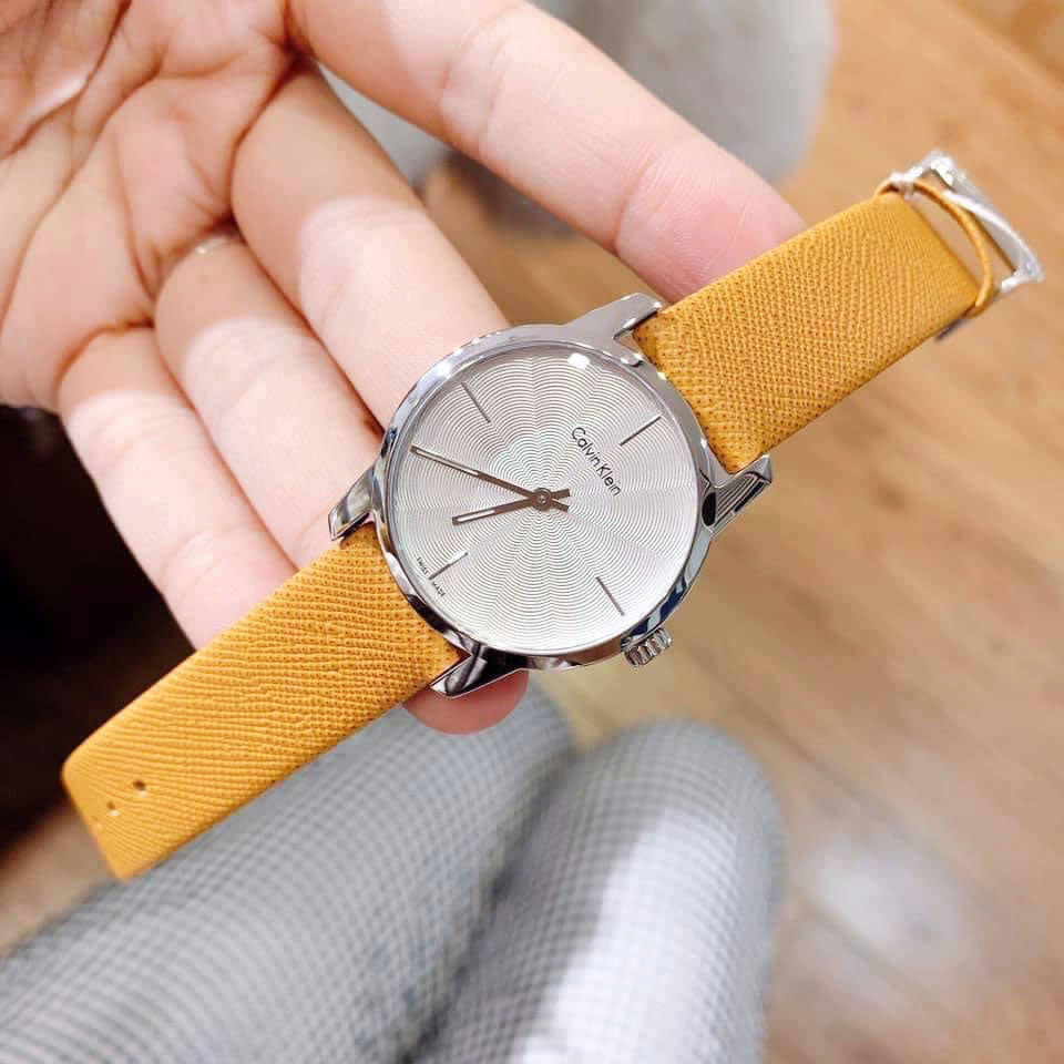  Shop Authentic Calvin Klein City Silver Dial Orange Leather Strap Watch for Women - K2G231G6 - Luxxuri