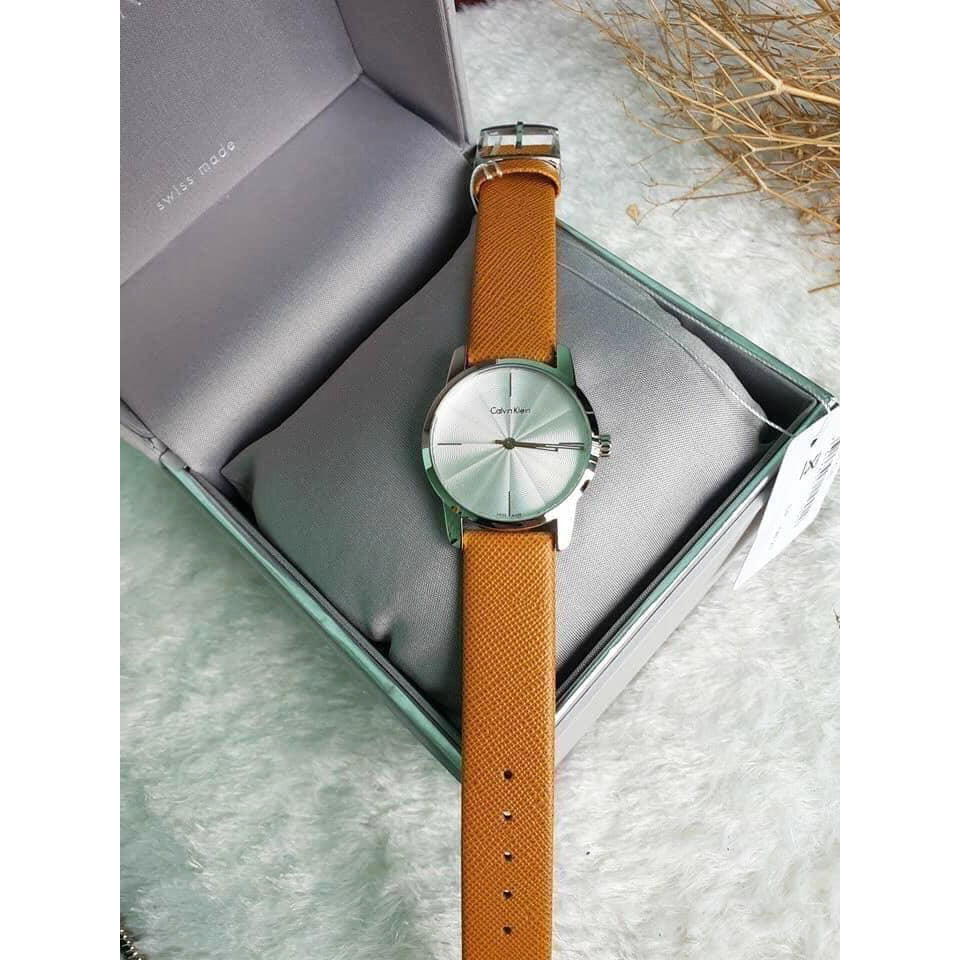  Shop Authentic Calvin Klein City Silver Dial Orange Leather Strap Watch for Women - K2G231G6 - Luxxuri