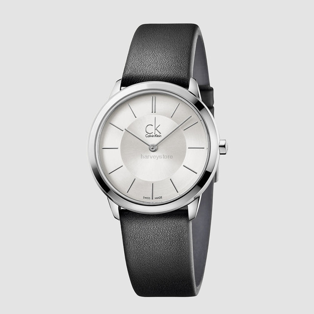  Shop Authentic Calvin Klein Minimal Silver Dial Black Leather Strap Watch for Women - K3M221C6 - Luxxuri