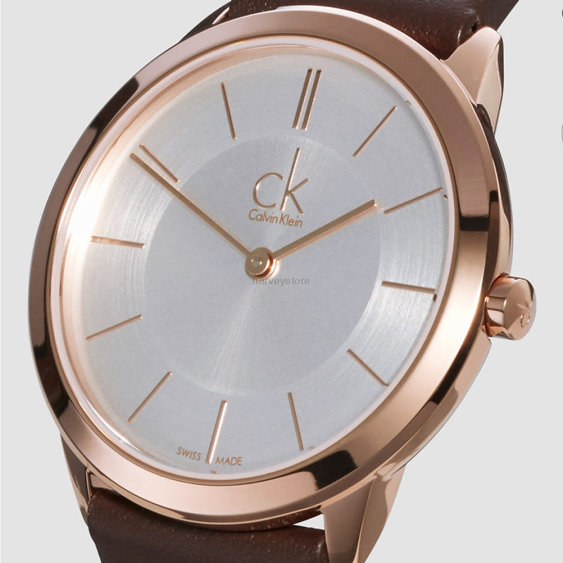 Shop Authentic Calvin Klein Minimal White Dial Brown Leather Strap Watch for Men - K3M216G6 - Luxxuri