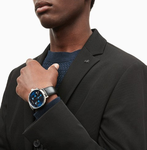  Shop Authentic Calvin Klein High Noon Chronograph Blue Dial Black Leather Strap Watch for Men - K8M271CN - Luxxuri