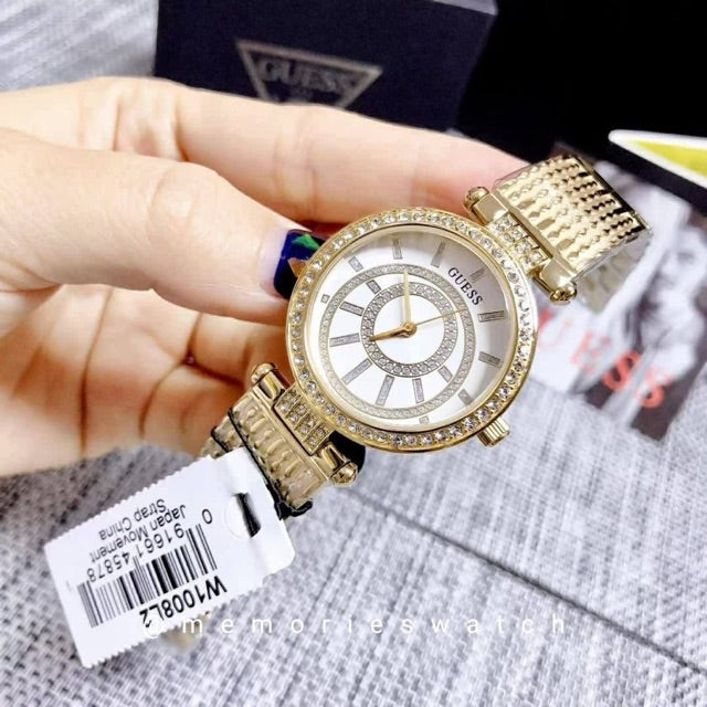 Guess Muse Crystals White Dial Rose Gold Steel Strap Watch For Women - W1008L2