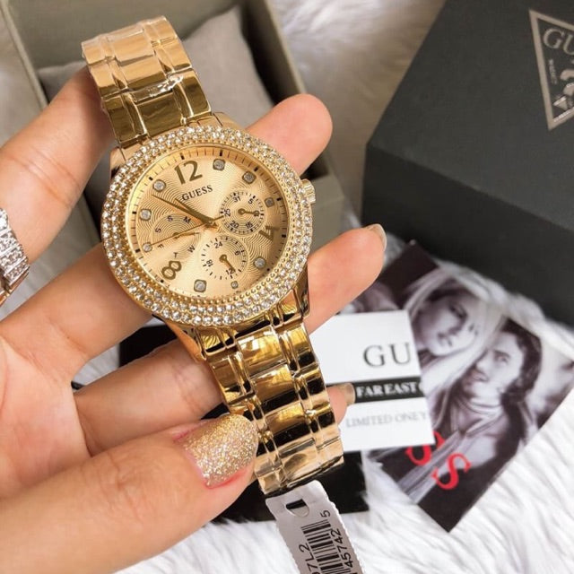  Shop Authentic Guess Bedazzle Diamonds Gold Dial Gold Steel Strap Watch For Women - W1097L2 - Luxxuri