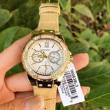  Shop Authentic Guess Limelight Quartz Silver Dial Golden Leather Strap Watch For Women - W0775L2 - Luxxuri