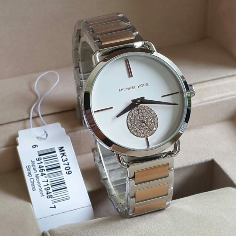  Shop Authentic Michael Kors Portia Quartz Silver Dial Two Tone Steel Strap Watch For Women - MK3709 - Luxxuri