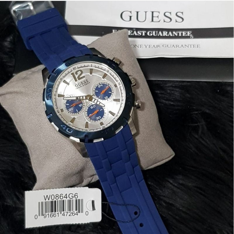  Shop Authentic Guess Caliber Chronograph White Dial Blue Rubber Strap Watch for Men - W0864G6 - Luxxuri