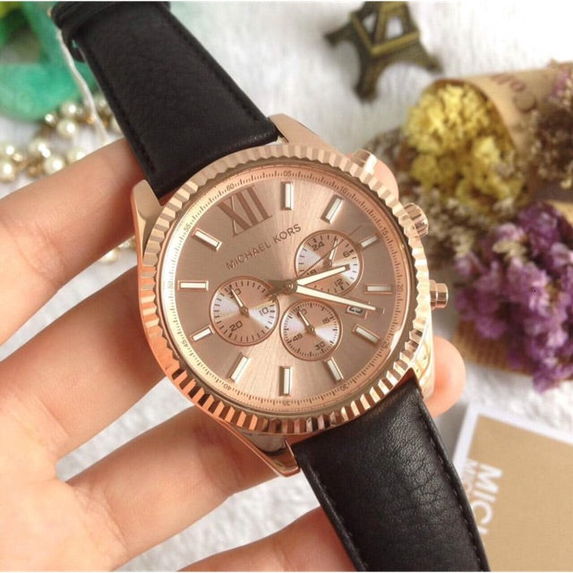  Shop Authentic Michael Kors Lexington Chronograph Rose Gold Dial Black Leather Strap Watch For Men - MK8516 - Luxxuri