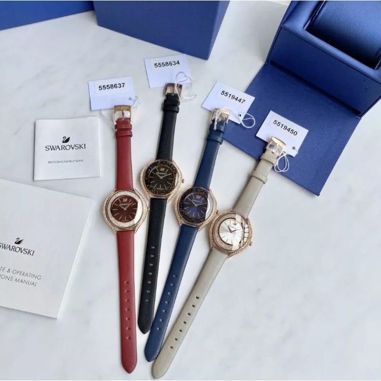  Shop Authentic Swarovski Crystalline Aura Black Dial Black Leather Strap Watch for Women - 5558634 - Luxxuri