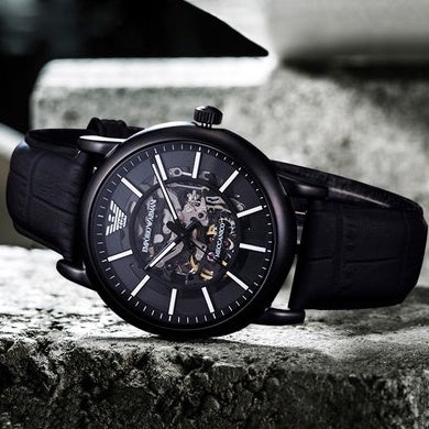  Shop Authentic Emporio Armani Meccanico Automatic Skeleton Dial Black Leather Strap Watch For Men - AR60008 - Luxxuri