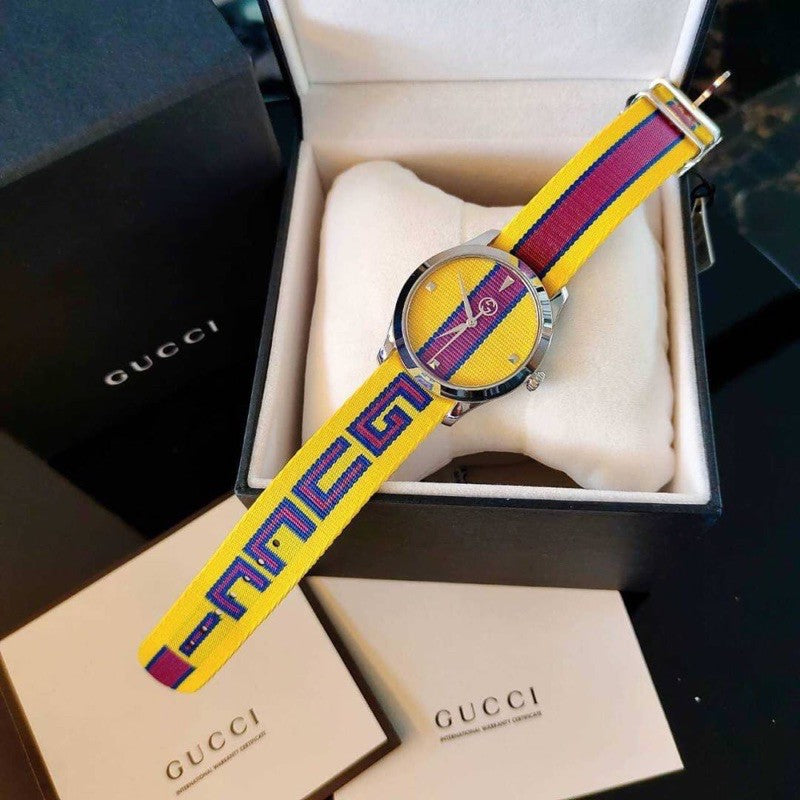  Shop Authentic Gucci G Timeless Quartz Yellow & Purple Dial Yellow & Purple NATO Strap Watch For Men - YA1264069 - Luxxuri