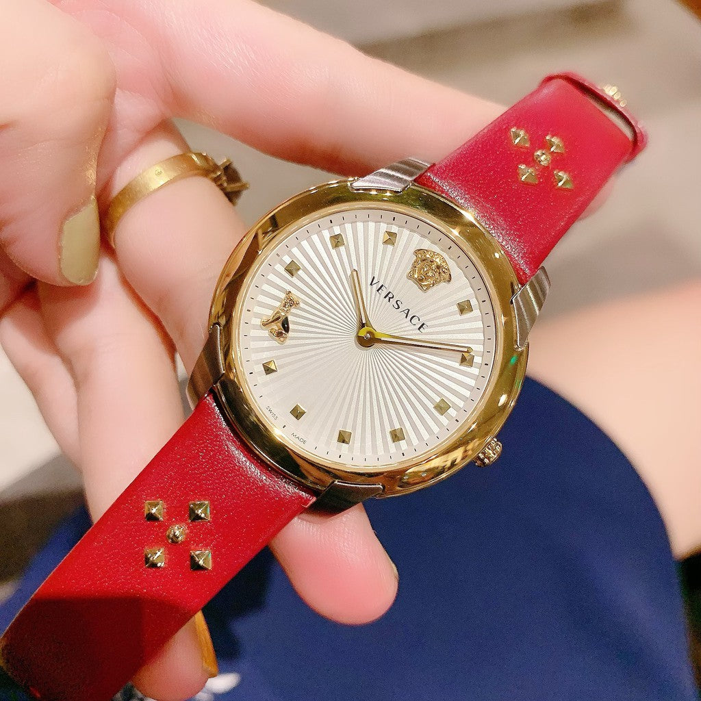  Shop Authentic Versace Audrey Quartz Silver Dial Red Leather Strap Watch for Women - VELR00219 - Luxxuri