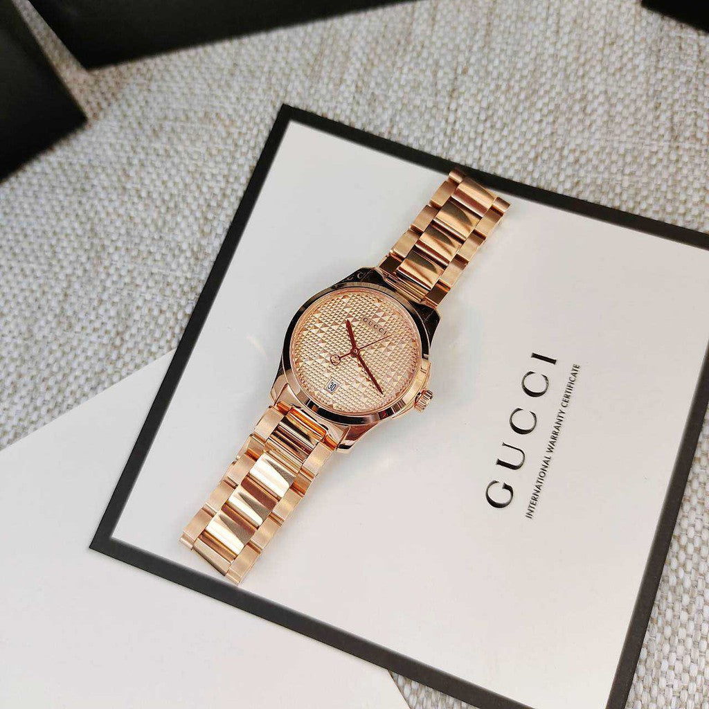  Shop Authentic Gucci G Timeless Quartz Rose Gold Dial Rose Gold Steel Strap Watch For Women - YA126567 - Luxxuri