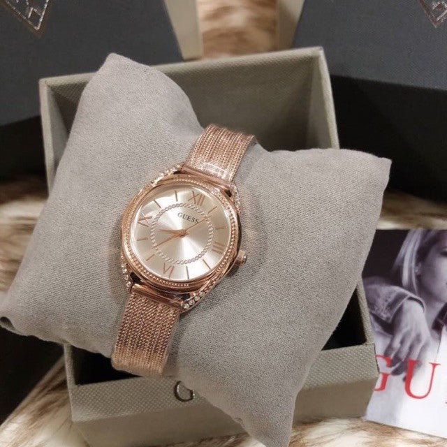  Shop Authentic Guess Whisper Silver Dial Rose Gold Mesh Bracelet Watch for Women - W1084L3 - Luxxuri