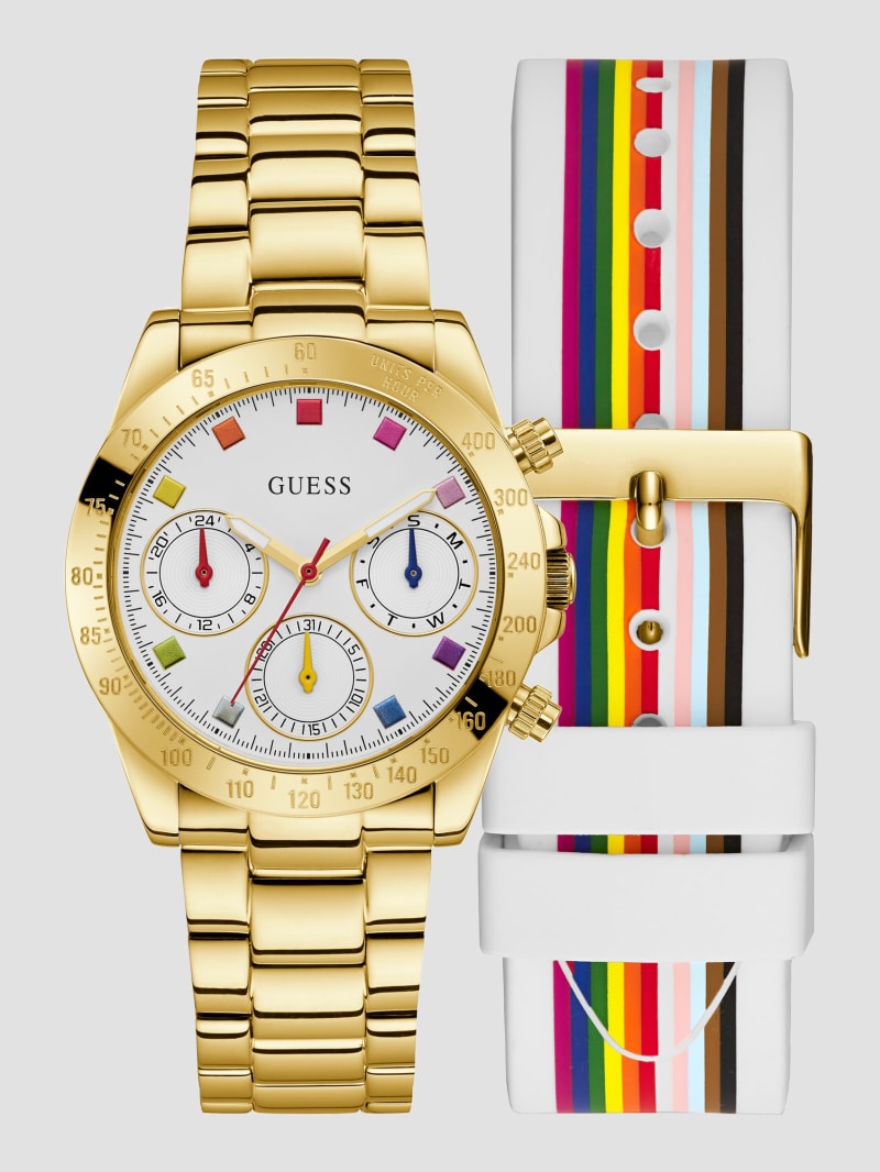 Guess Exclusive Multi Color White Dial Gold Steel Strap Watch for Women - GW0457L1