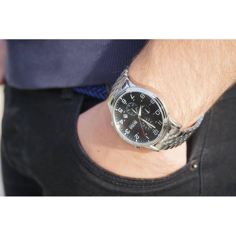  Shop Authentic Hugo Boss Aeroliner Chronograph Quartz Black Dial Silver Steel Strap Watch For Men - HB1512446 - Luxxuri