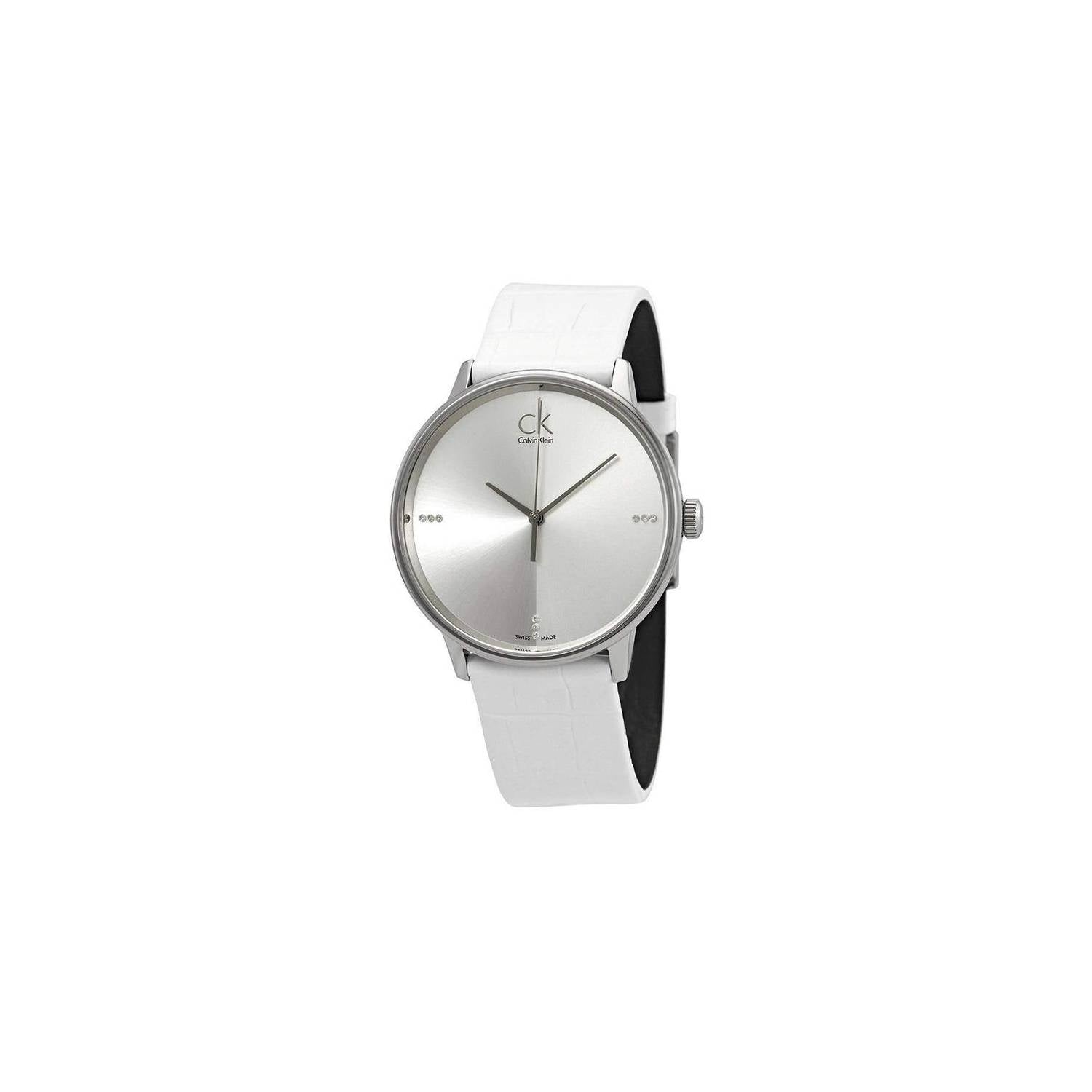 Shop Authentic Calvin Klein Accent Silver Dial White Leather Strap Watch for Women - K2Y2X1K6 - Luxxuri