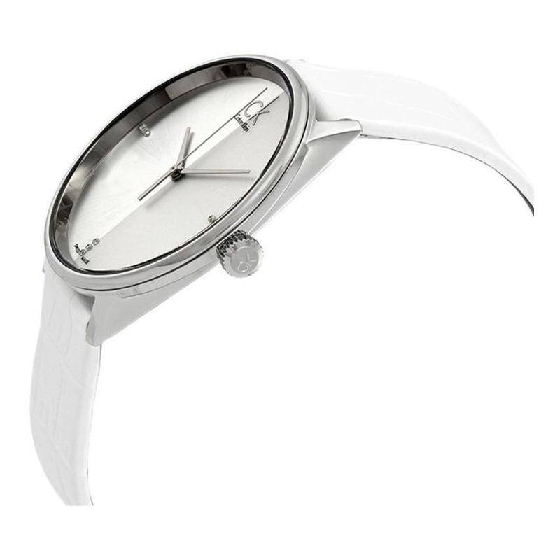 Shop Authentic Calvin Klein Accent Silver Dial White Leather Strap Watch for Women - K2Y2Y1KW - Luxxuri
