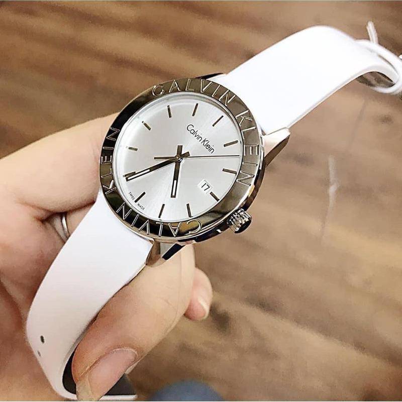  Shop Authentic Calvin Klein Steady Silver Dial White Leather Strap Watch for Women - K7Q211L6 - Luxxuri