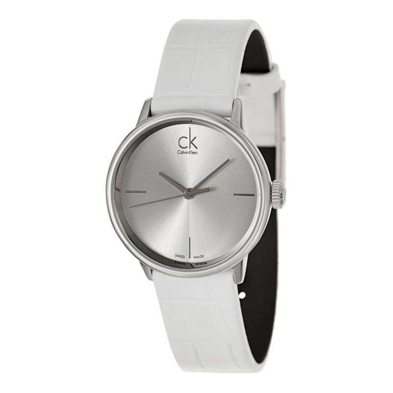  Shop Authentic Calvin Klein Accent Silver Dial White Leather Strap Watch for Women - K2Y2X1K6 - Luxxuri