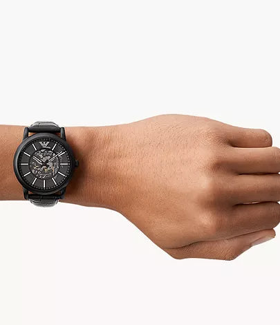  Shop Authentic Emporio Armani Meccanico Automatic Skeleton Dial Black Leather Strap Watch For Men - AR60008 - Luxxuri