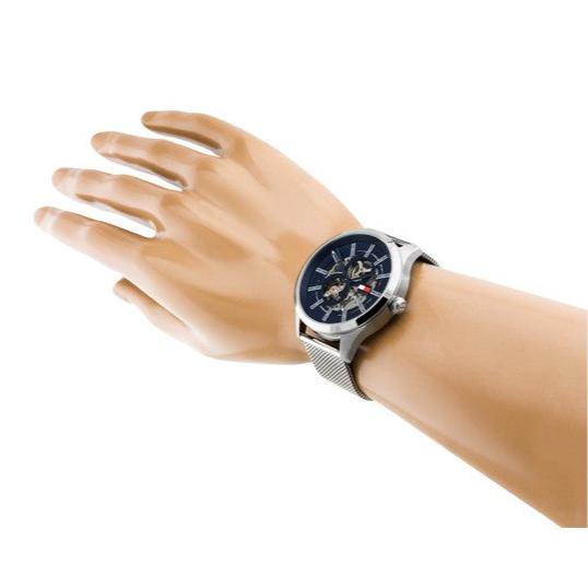  Shop Authentic Tommy Hilfiger Spencer Skeleton Black Dial Silver Mesh Bracelet Watch for Men - 1791643 - Luxxuri