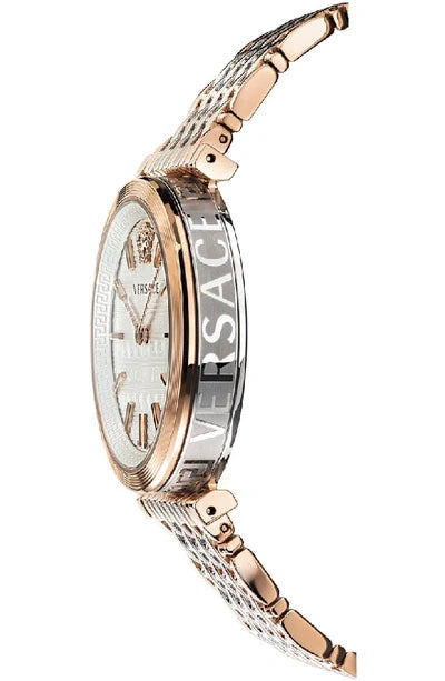  Shop Authentic Versace V-Twist White Dial Two Tone Mesh Bracelet Watch for Women - VELS00719 - Luxxuri