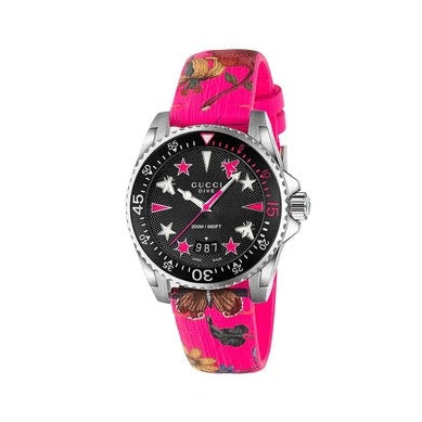  Shop Authentic Gucci Dive Quartz Black Dial Pink Leather Strap Watch For Women - YA136326 - Luxxuri